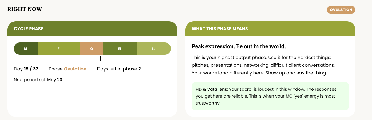 Jasz's cycle-aware dashboard showing current phase