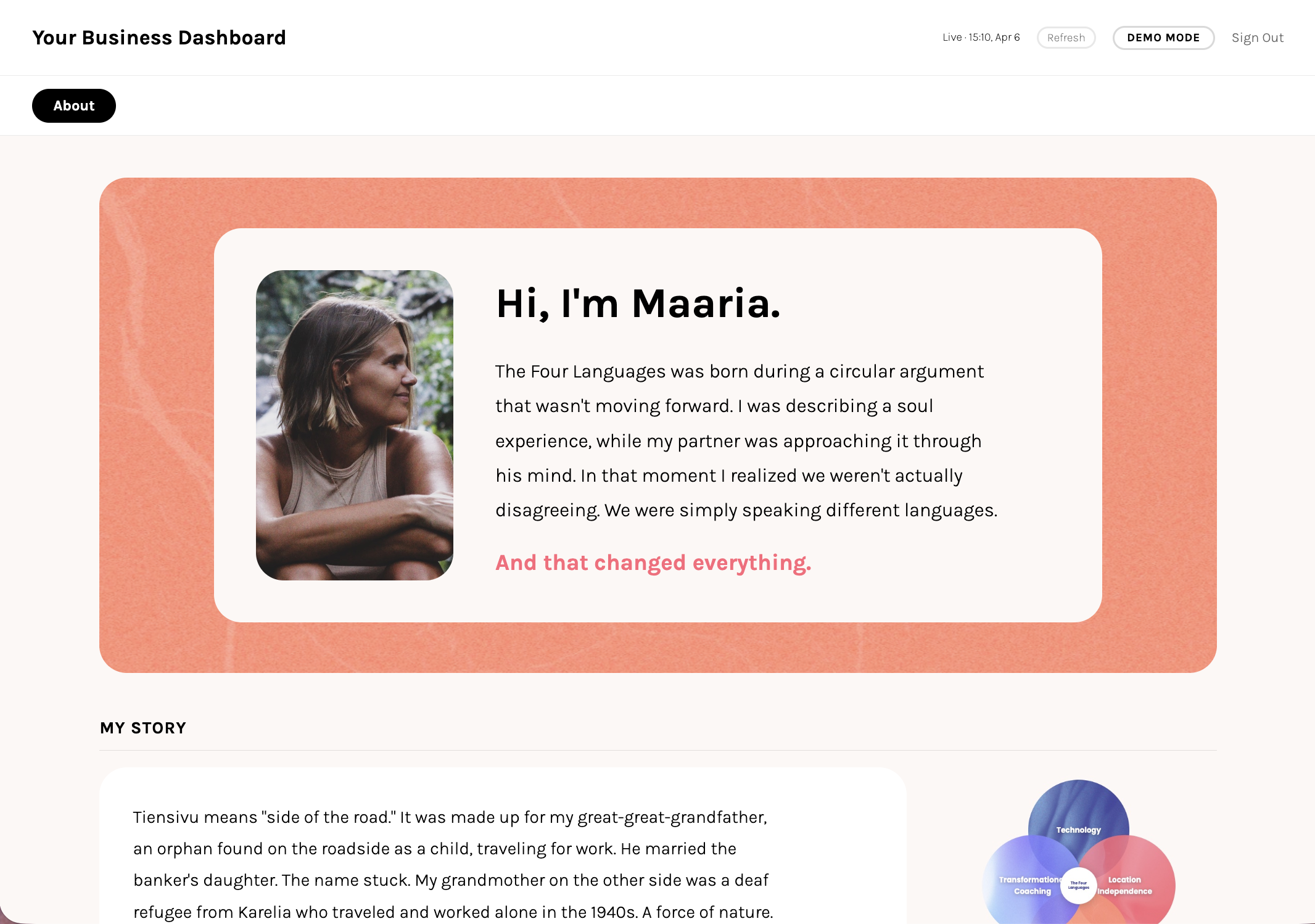 Dashboard About tab hero with your name, photo, and story