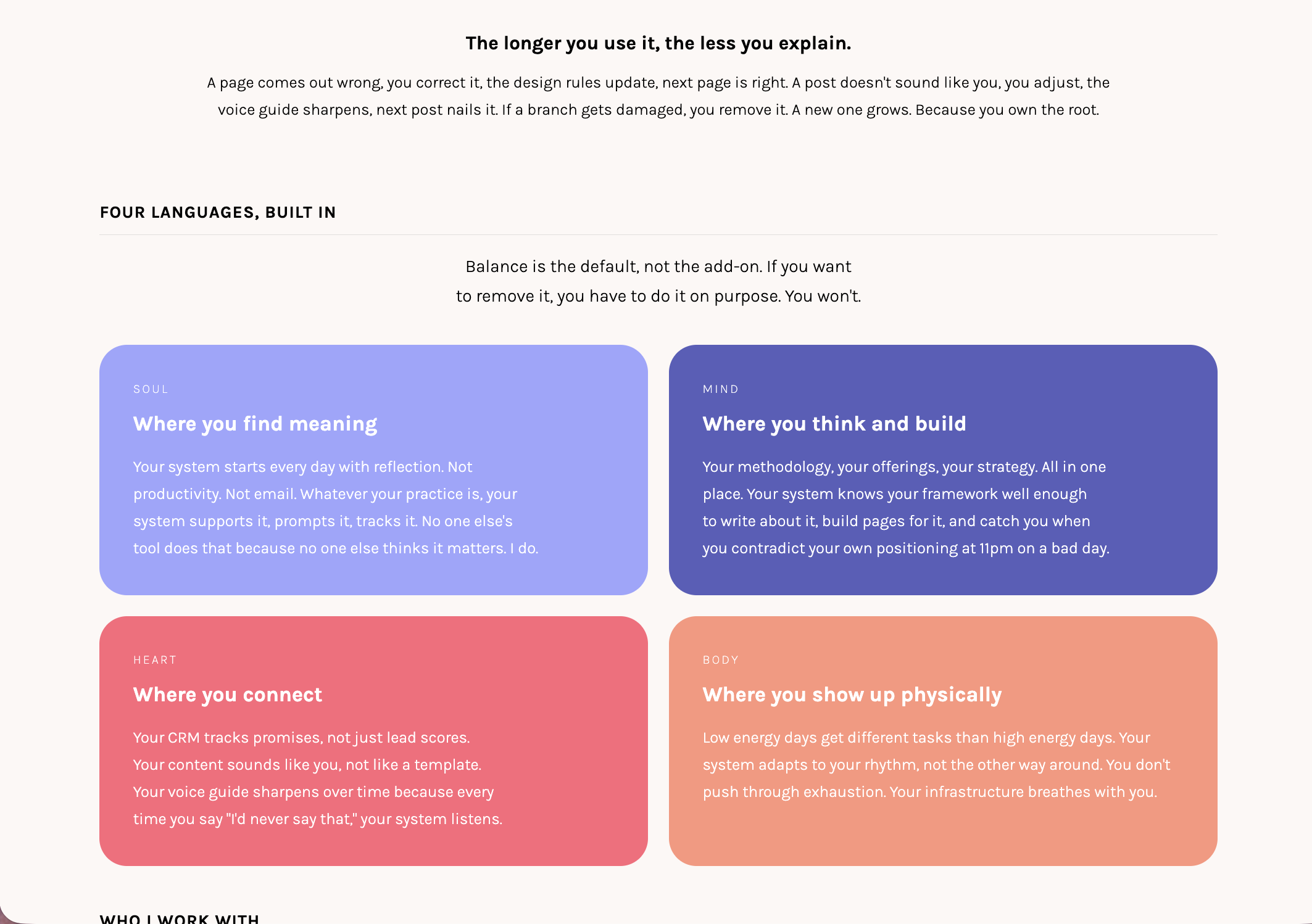 About tab Four Languages Built In section showing soul, mind, heart, body cards