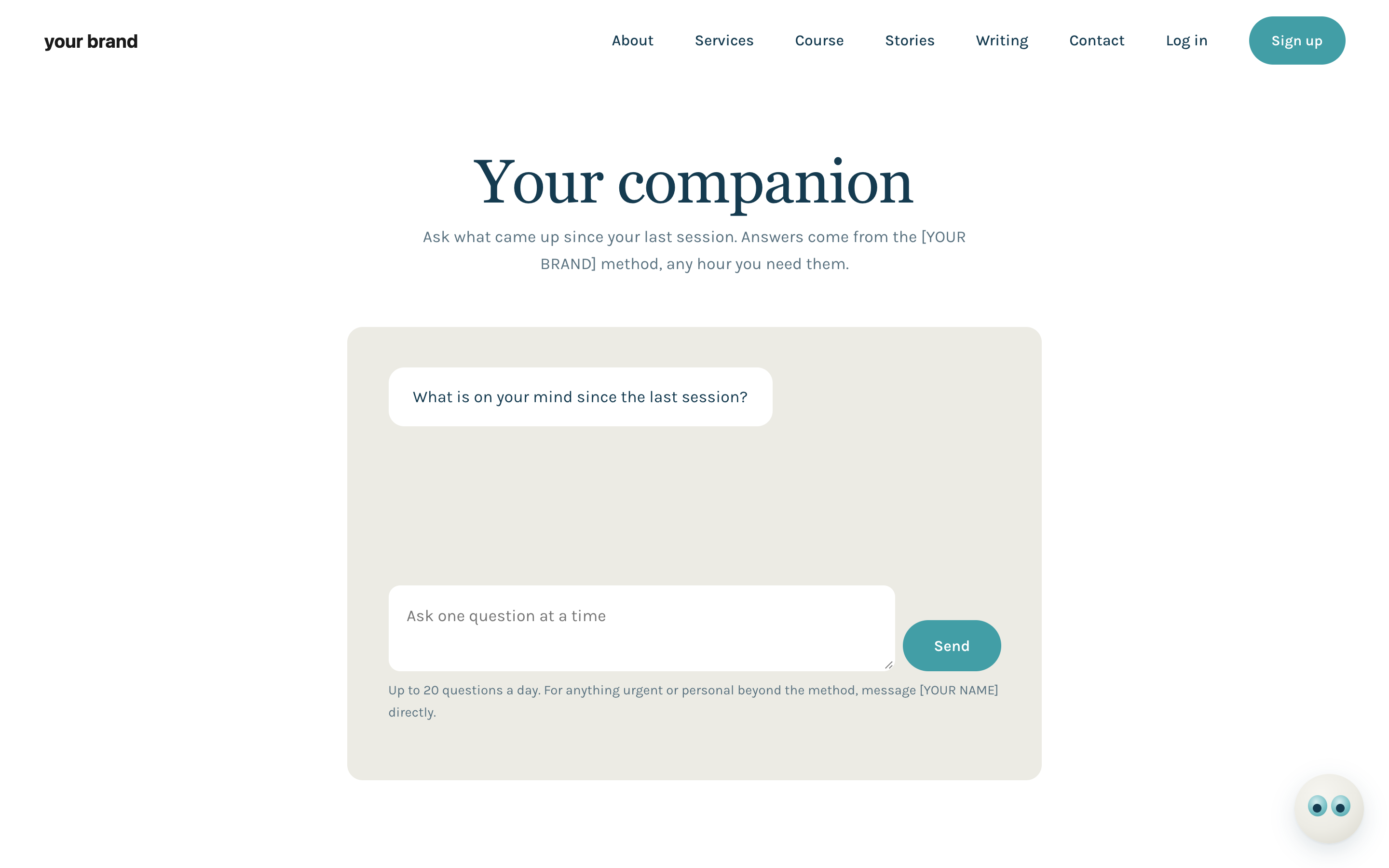 The companion page from the pack: a private chat behind your login, with the daily cap named right under the input