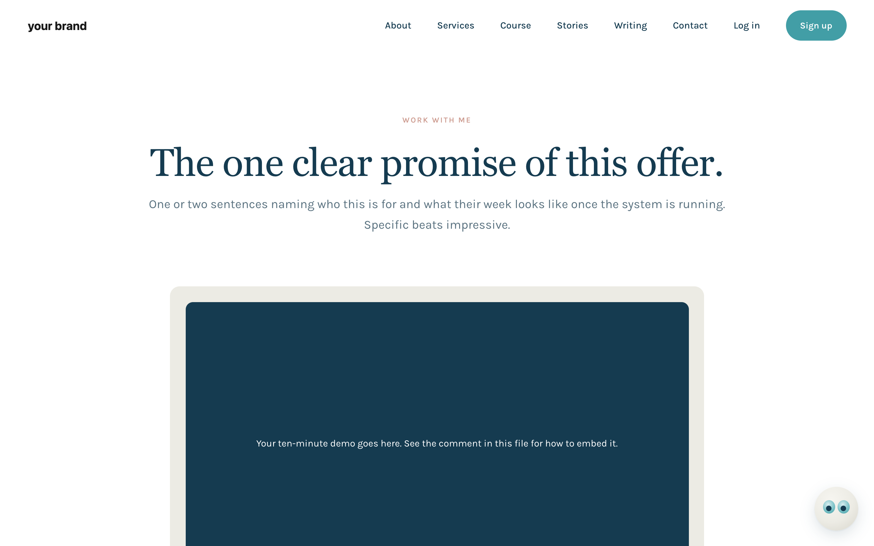 The offer-page starter from the pack: the promise up top and the demo video slot