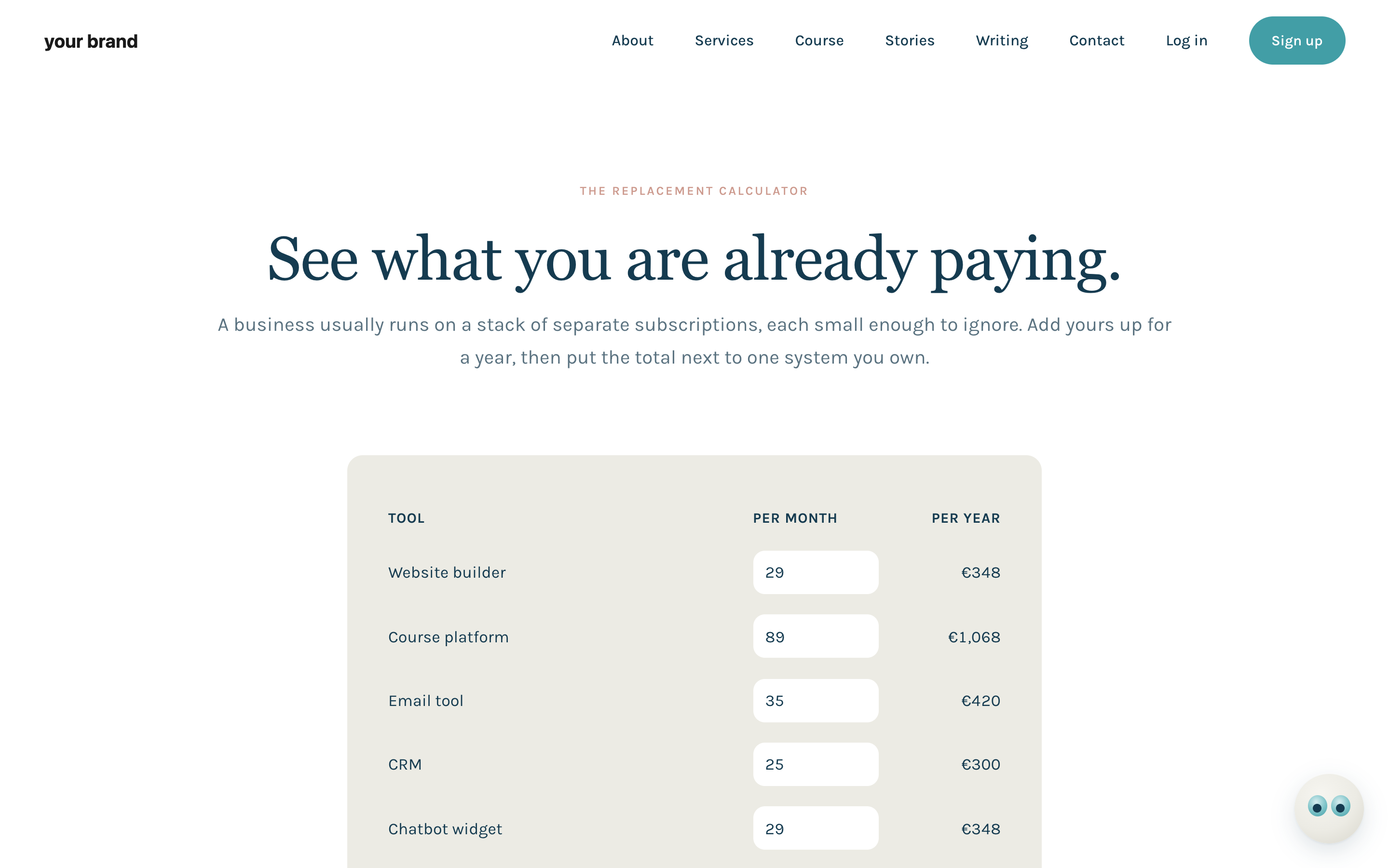 The replacement calculator from the pack: each rented tool with its monthly price, the yearly total, and the comparison to one owned system