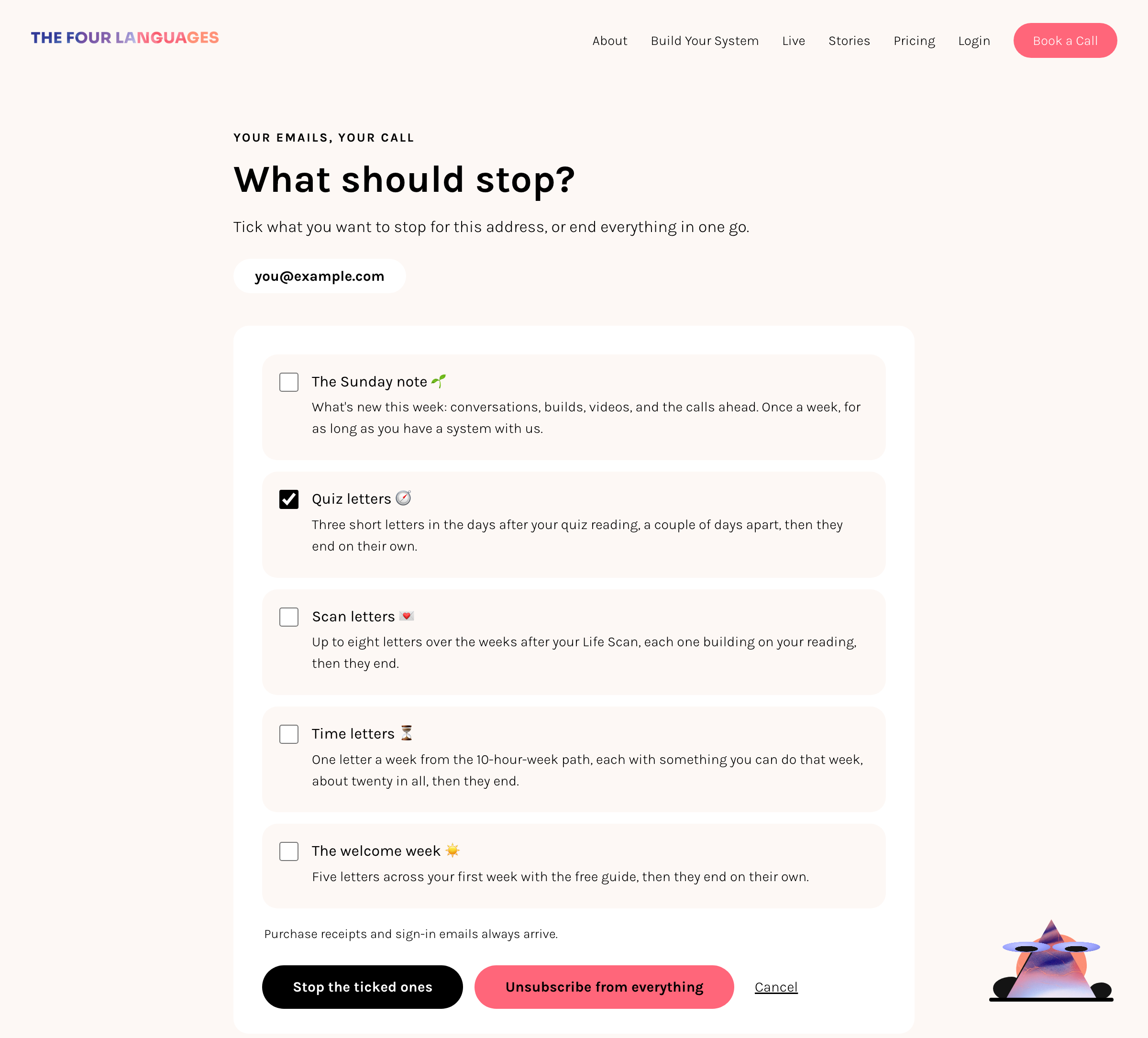 The Four Languages unsubscribe page: five email series listed with checkboxes, each with a line describing what it is and when it ends, above a button to stop the ticked ones and a second button to unsubscribe from everything