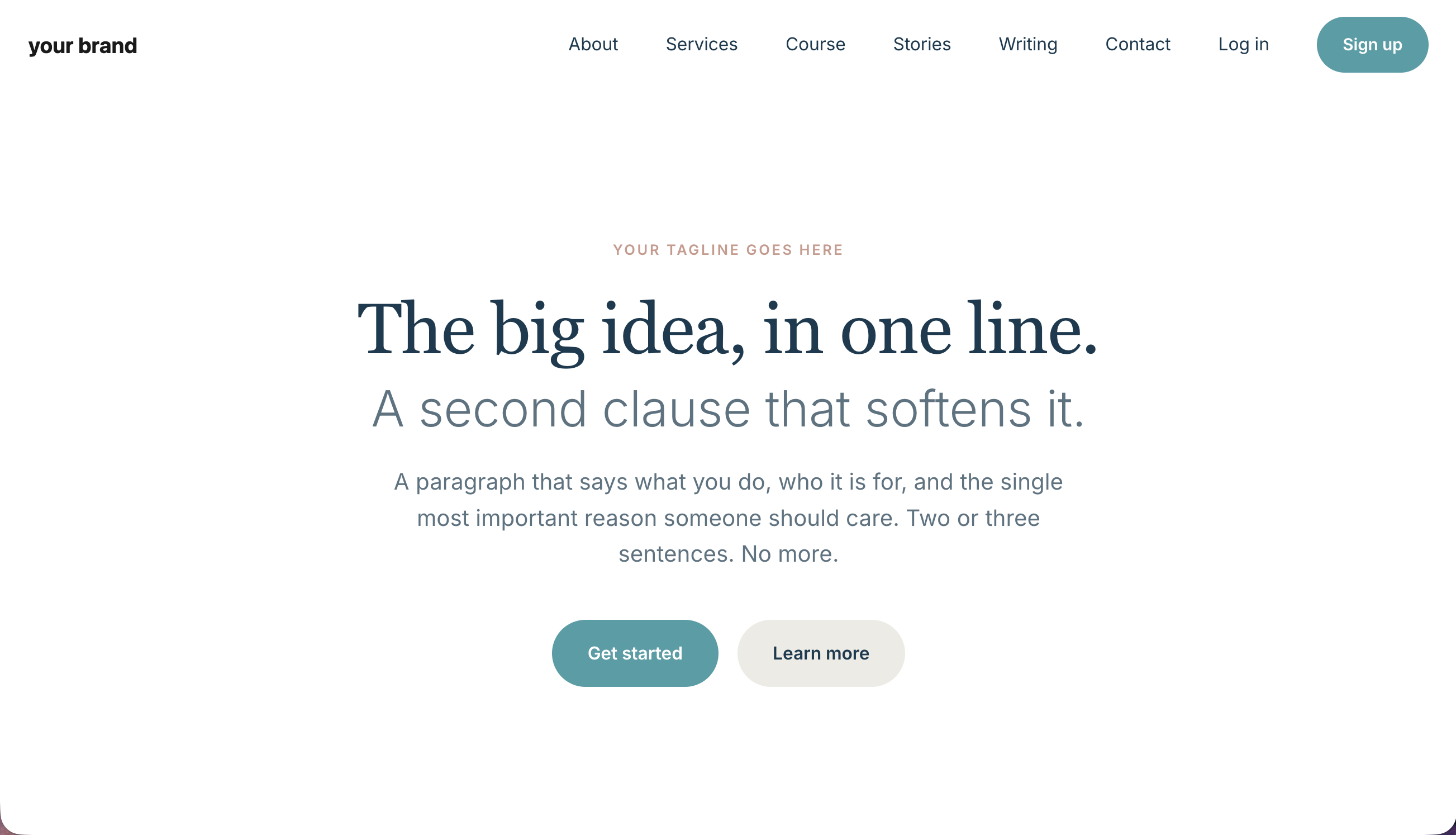 Brand-neutral homepage template with tagline, headline and two buttons
