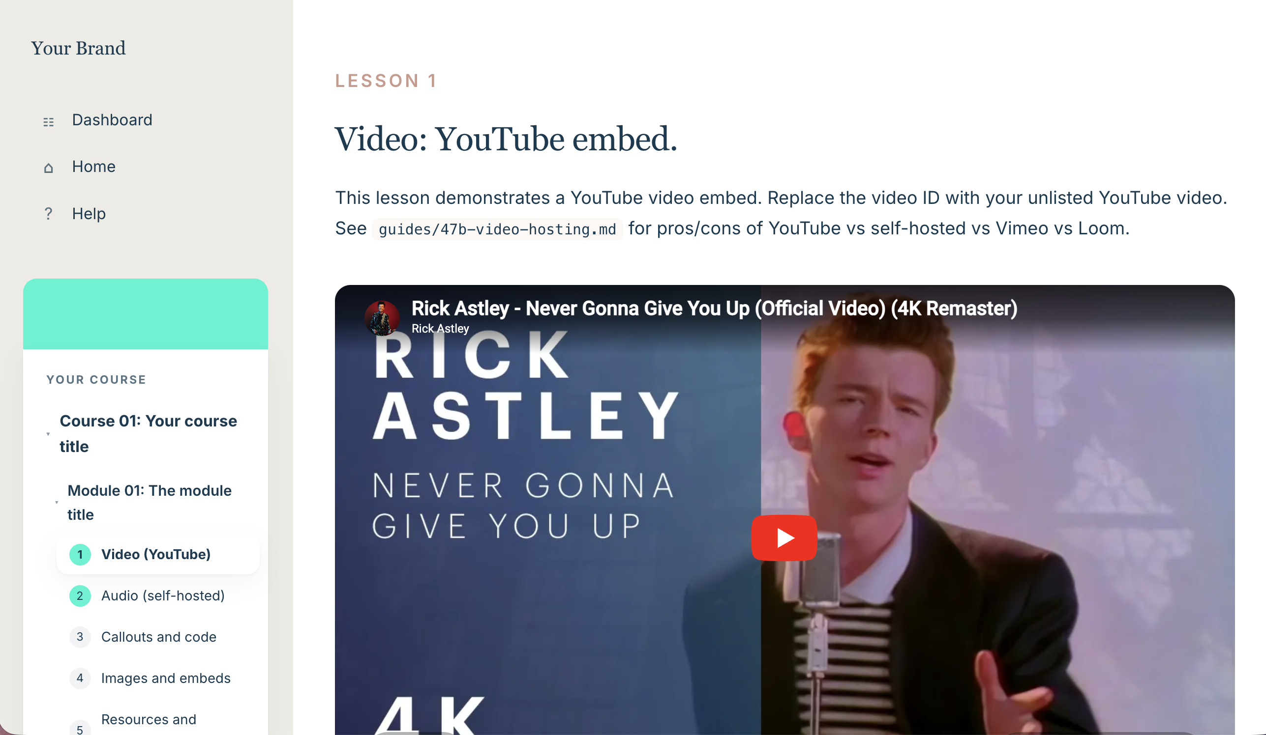 Lesson page template with sidebar course tree, eyebrow label, heading and embedded video