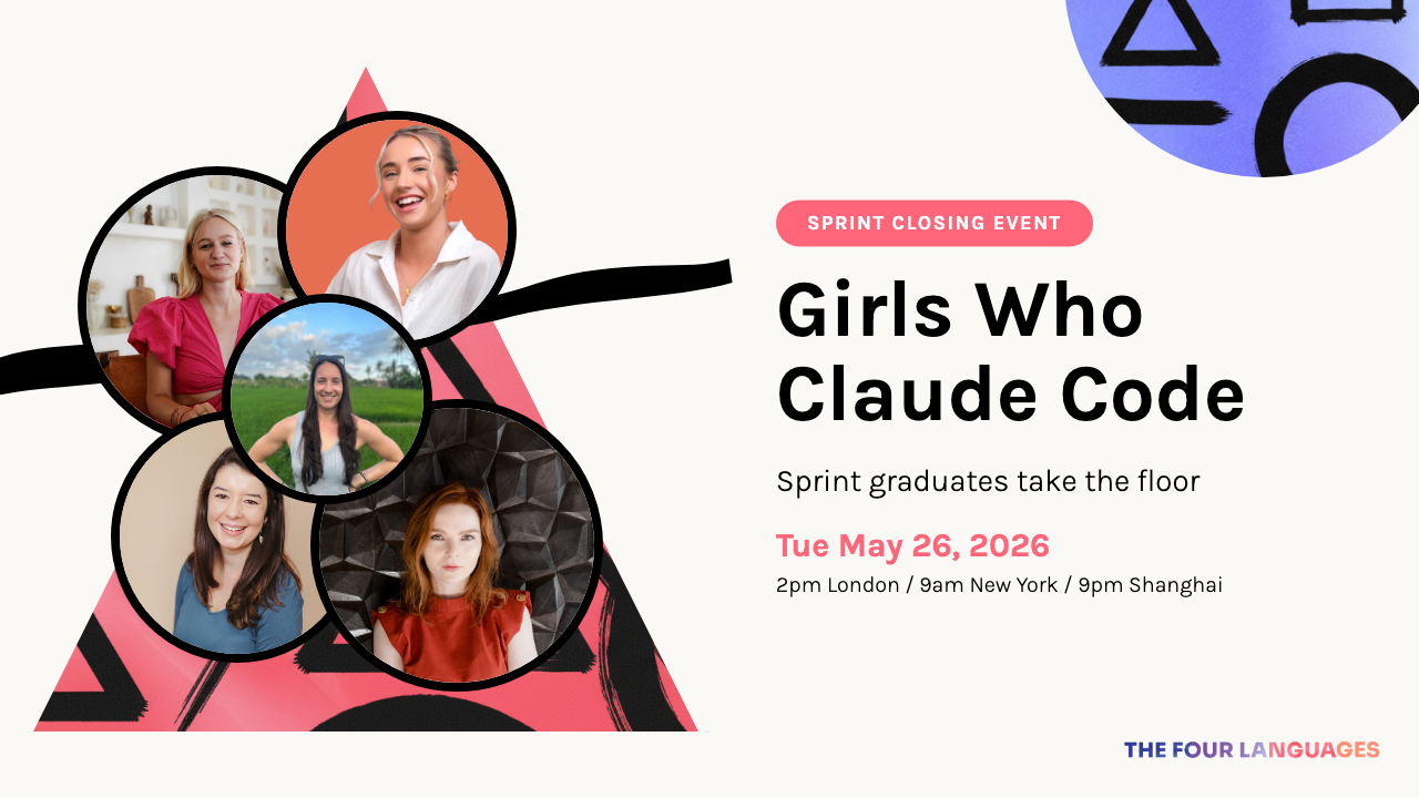 Girls Who Claude Code Sprint Showcase, Tuesday May 26 2026, 2pm London. Five graduates: Maren, Chantal, Emily, Jasz, Lavinia.