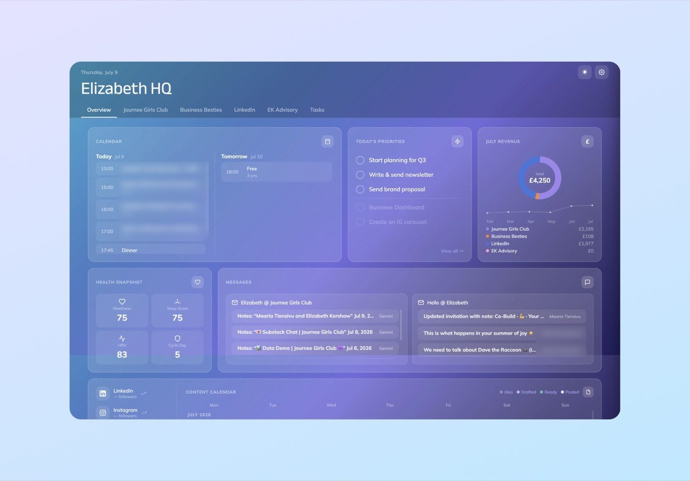 A client's own dashboard, in her colours