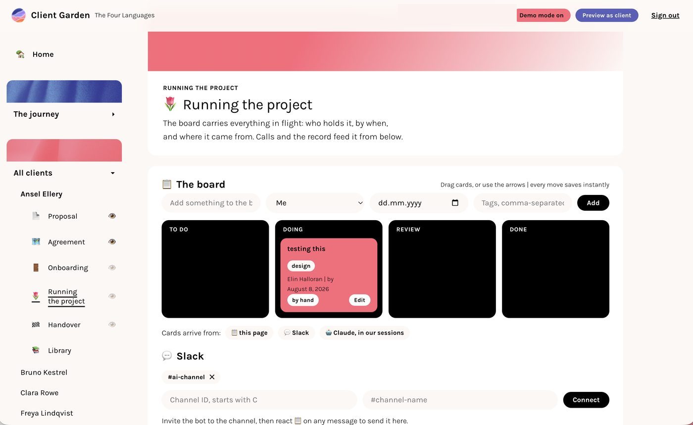 Client Garden project board, running live