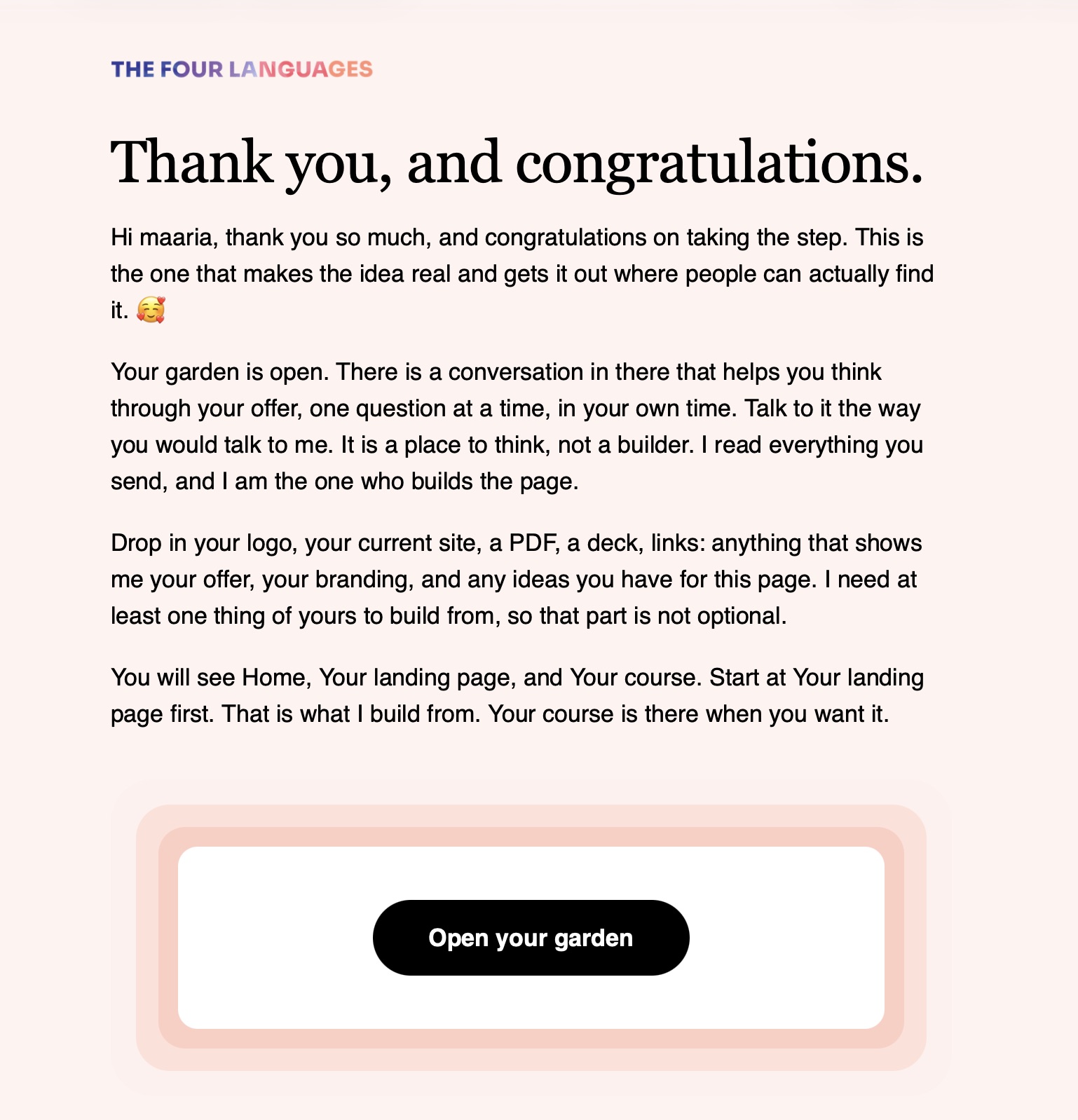 The email as it arrives, with one button: Open your garden