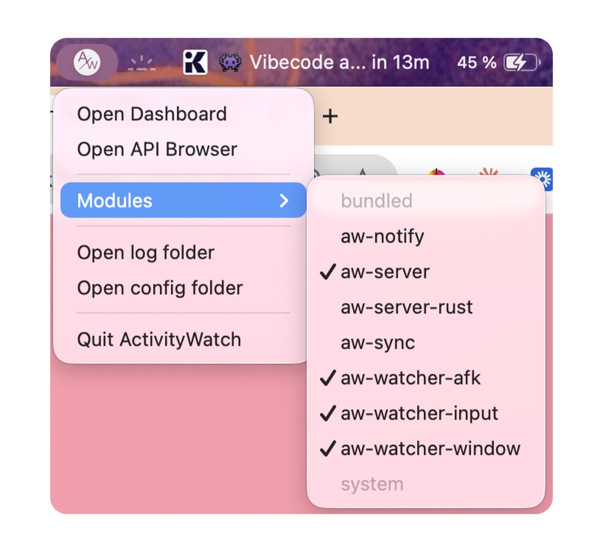 The ActivityWatch menu bar icon opened to Modules, with aw-server, aw-watcher-afk, aw-watcher-input and aw-watcher-window ticked