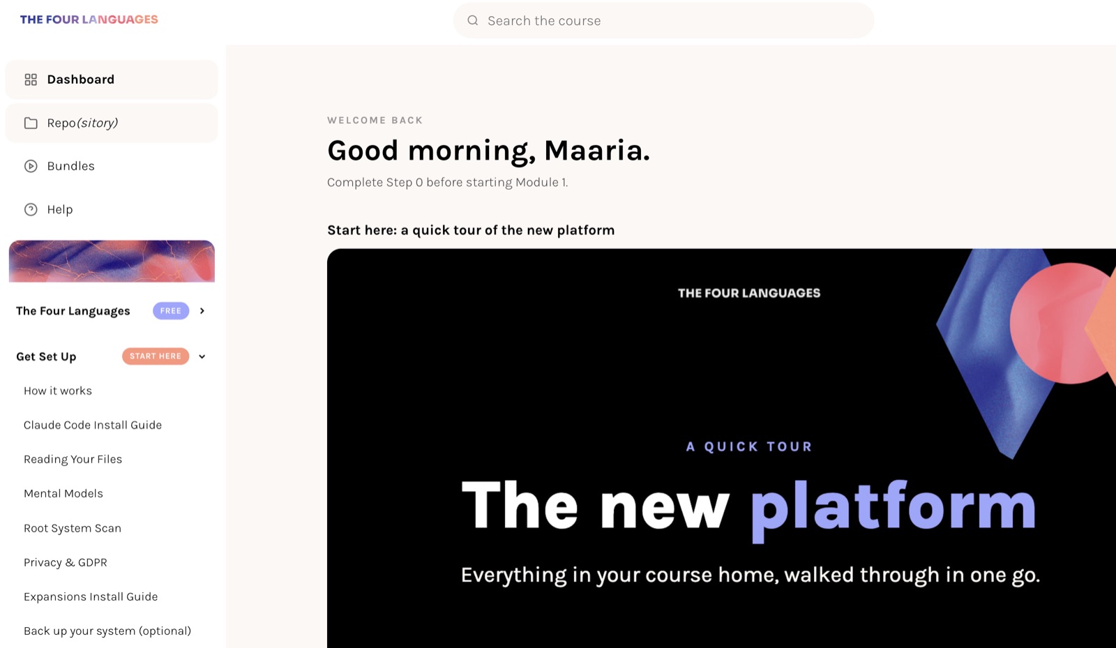 The course home after logging in, with the Get Set Up list open in the sidebar: How it works, Claude Code Install Guide, Reading Your Files, Mental Models, Privacy and GDPR, Expansions Install Guide, and Back up your system
