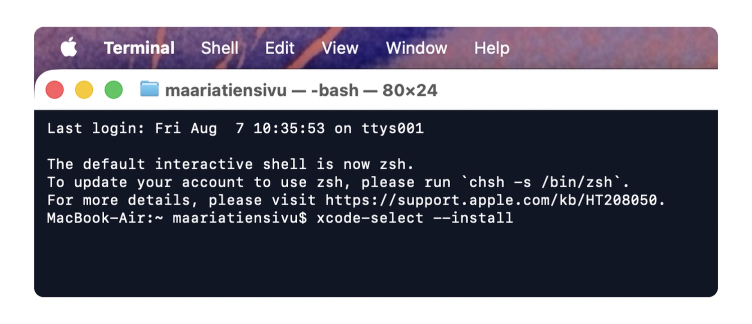 A Terminal window with the command xcode-select --install typed at the prompt