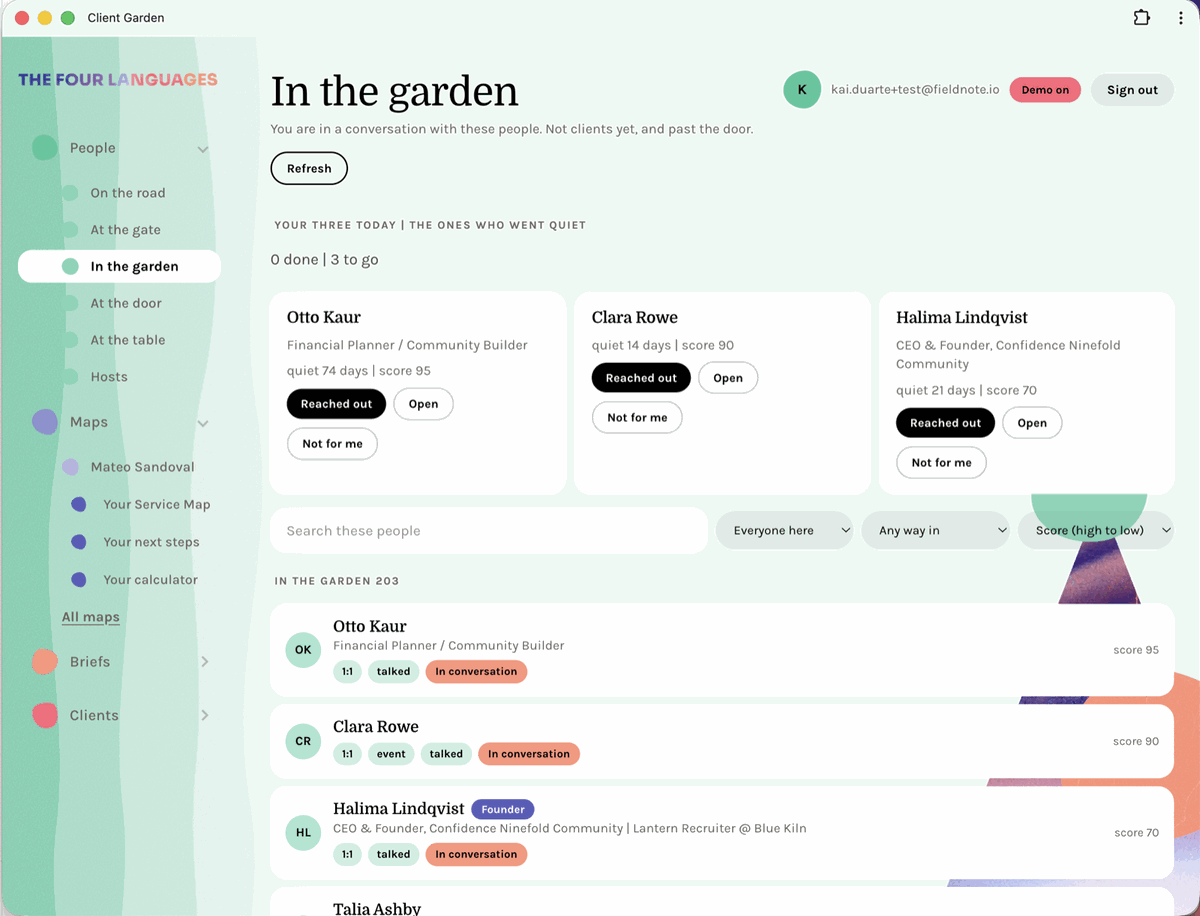 In the garden: the five stages down the side, three people to reach out to today, and everyone else scored below