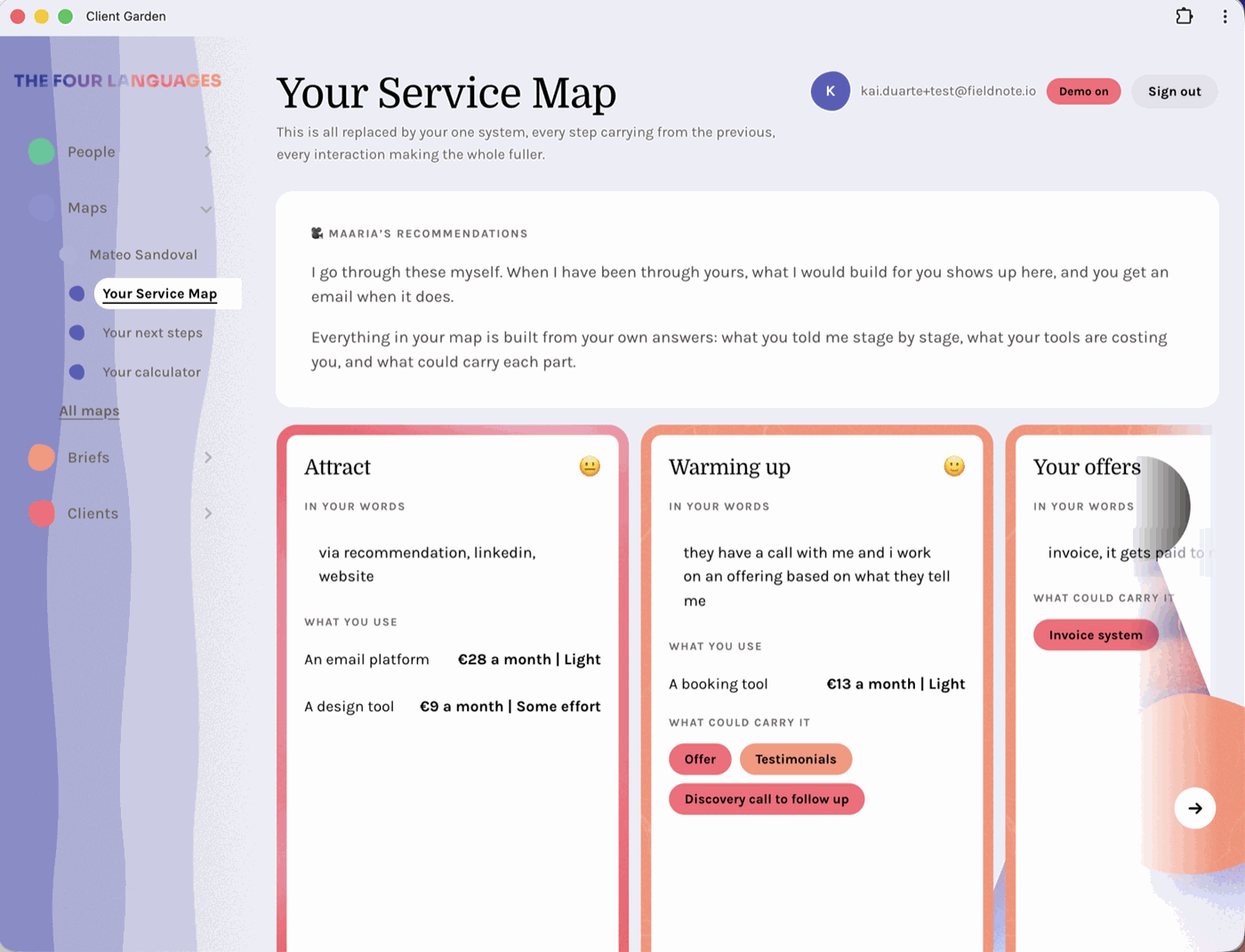A service map open in the Client Garden: what they said at each stage, what they use, and what it costs them a month
