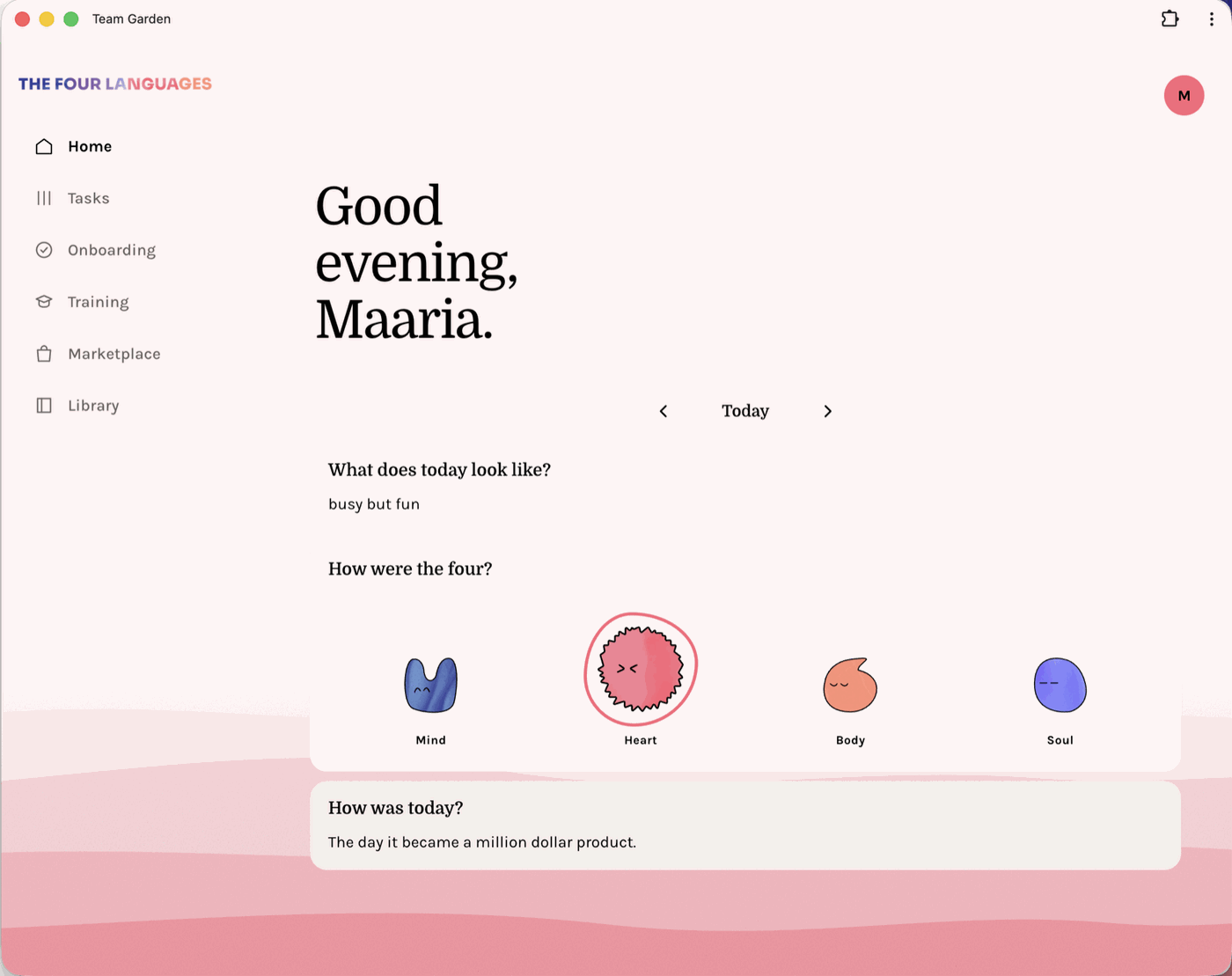 The Team Garden home screen: what today looks like, how the four languages were, and how the day went